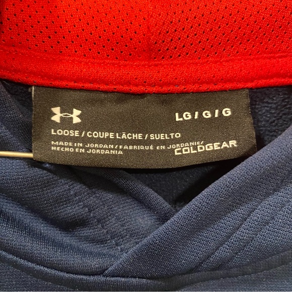 Under Armour Navy Fleece Hoodie Size Large Pullover Sweatshirt Loose Coldgear - Picture 14 of 17